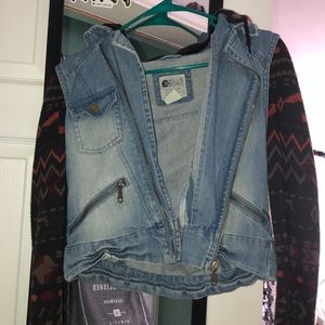 denim jacket with knit sleeves